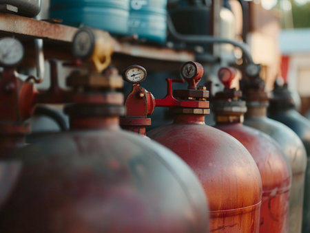 Red gas cylinders aligned with valves and pressure gauges on display.の素材