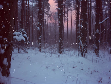 Snowflakes falling in a serene, twilight pine forest.の素材