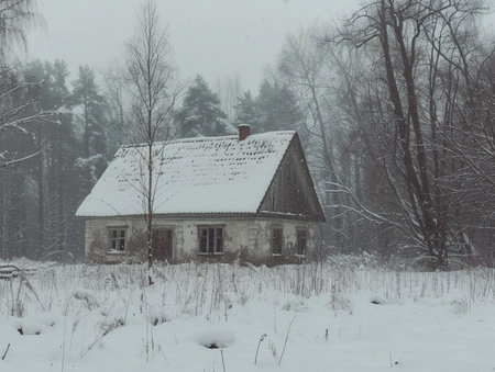 A lonely, snow-covered cottage nestles among winter-bare trees.の素材
