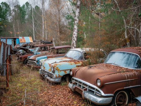 Rusty classic cars abandoned in the woods.の素材