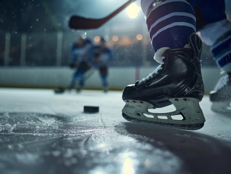Ice hockey player in mid-game, focus on skate and puck on ice.の素材