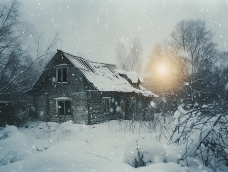 A desolate wooden house stands under falling snowflakes at sunset.の素材