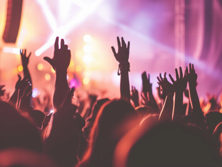 A sea of excited fans with raised hands enjoying a live concert at night, illuminated by vibrant stage lights.の素材