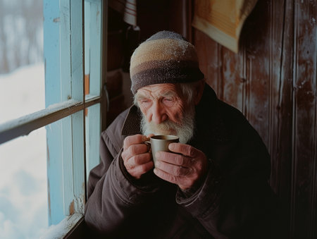 Bearded senior enjoying a snowy view with a warm cup in hand.の素材