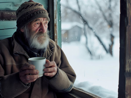 Senior man sipping coffee while contemplating in a frosted cabin.の素材