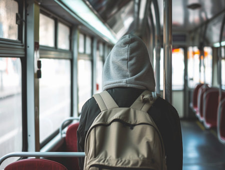 Rear view of an anonymous person wearing a hoodie and backpack, seated on a city bus.の素材