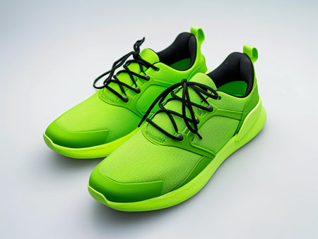 Contemporary design neon green sport shoes with black laces on a white backdrop.の素材