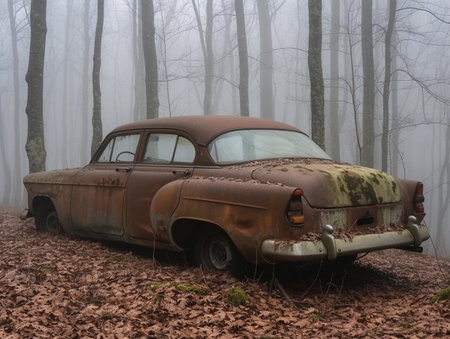 An eerie scene of a vintage car decaying among autumn leaves and fog.の素材