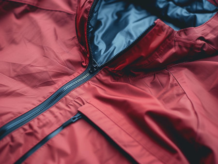 Macro shot of red jacket texture and zipper detail.の素材