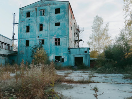 An abandoned blue factory decays in overgrown foliage.の素材