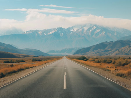 Vibrant desert road leading straight to a dramatic mountain backdrop under a cloudy sky.の素材