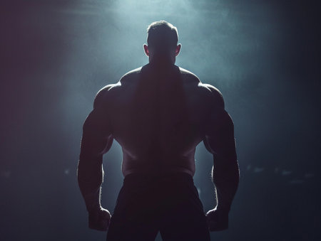 Strong athlete silhouette against illuminated stage.の素材