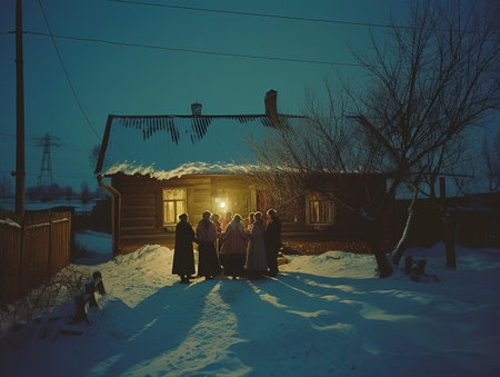 Ukrainian carolers gather by a rural house, their joy lighting up the snowy evening.の素材