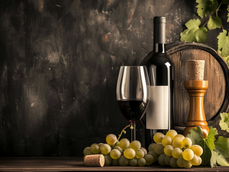 Bottle and glass of red wine with grapes and barrel on rustic wood.の素材