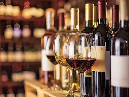 Multiple wine bottles and glasses in a row on wooden cellar shelf.の素材