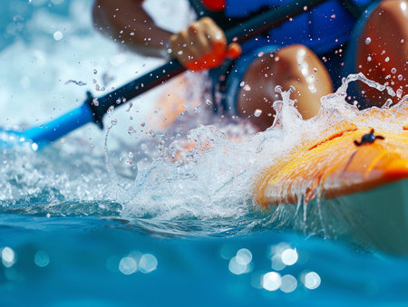 A focused kayaker racing through calm waters, creating dynamic splashes.の素材