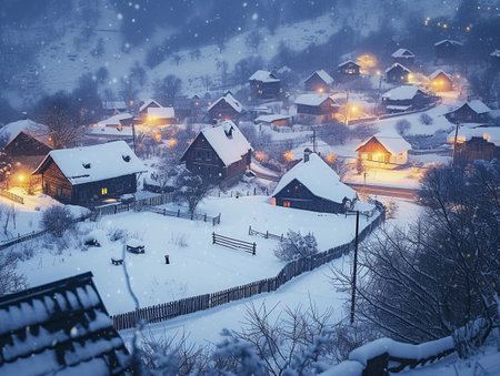 Twilight descends on a quaint village blanketed in snow, lights twinkle in the dusk.の素材
