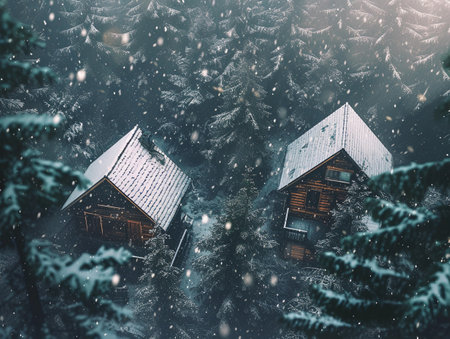 A lone cabin shrouded in snowflakes offers a peaceful retreat in the wintry woods.の素材
