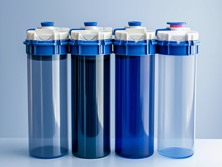 A row of cylindrical water filters with blue tops and transparent bodies.の素材
