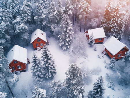Vibrant red cabins contrast with the white snowfall in a dense pine forestの素材