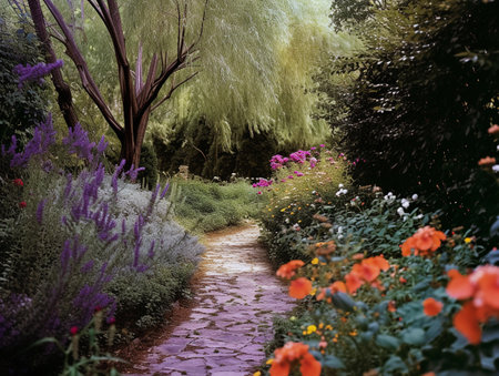 A winding stone path through a flowering garden with lavender and red blooms.の素材
