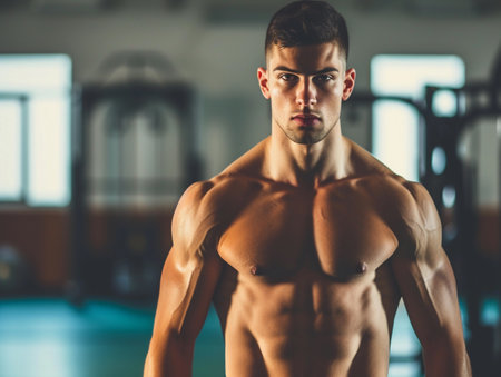 A young, muscular man stands confidently in a gym setting.の素材