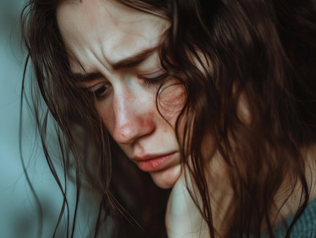 Pensive woman in a state of sadness, tears welling in eyes.の素材