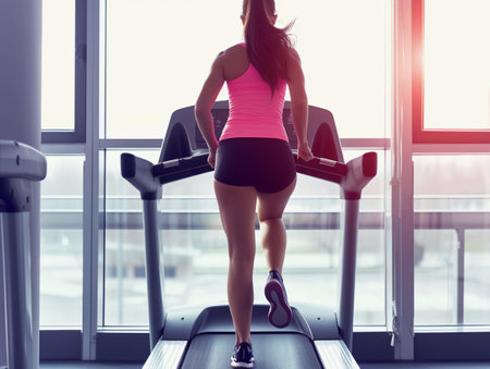 Woman in fitness gear jogging on gym treadmill.の素材
