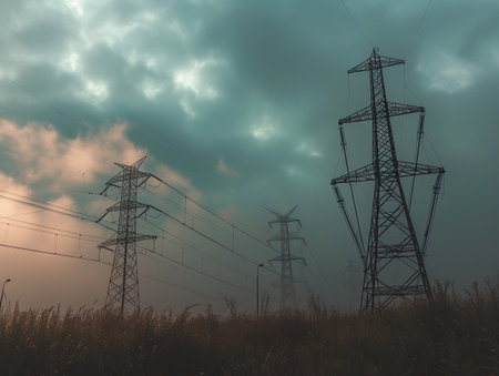 High-voltage towers standing tall with ominous clouds overhead.の素材