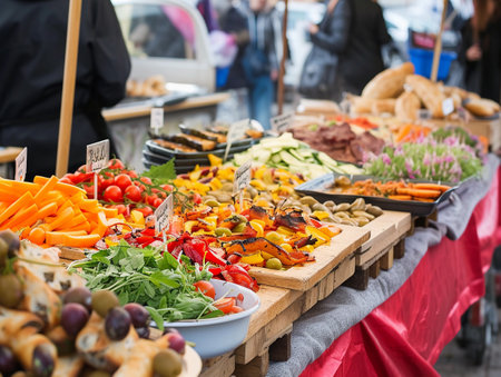 A diverse gourmet buffet spread with a variety of colorful vegetables, meats, and antipasti at a food festival.の素材