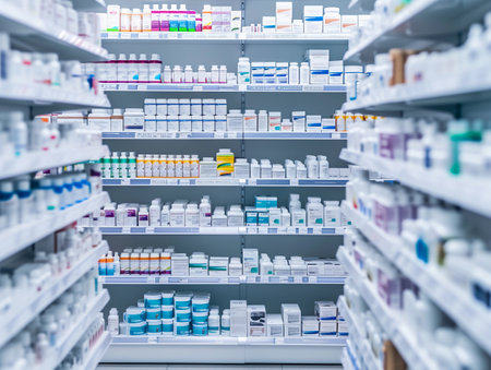 A neat array of medical products on pharmacy shelvesの素材