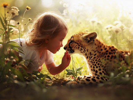 Little girl and cheetah touch noses amidst nature, a magical encounter.の素材