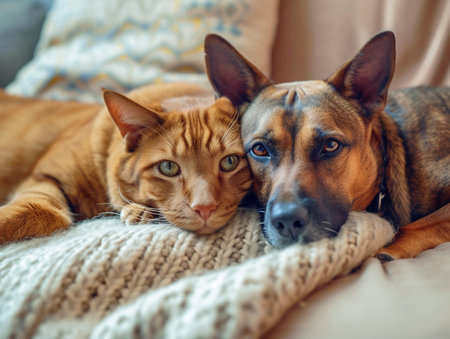 Two calm cats sitting side by side.の素材