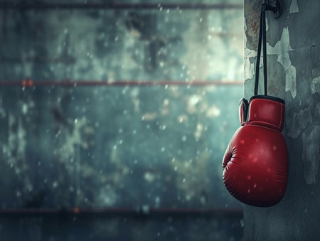 A pair of red boxing gloves hanging from a hook on a grungy wall, symbolizing rest or retirement.の素材