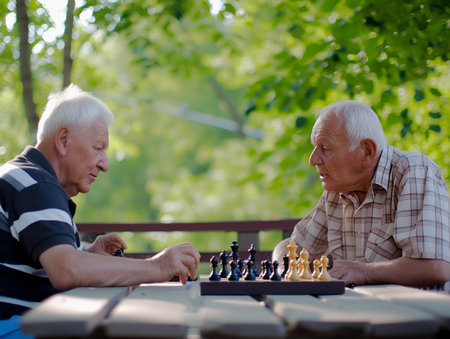 Elderly Friends Enjoying Chess in Parkの素材