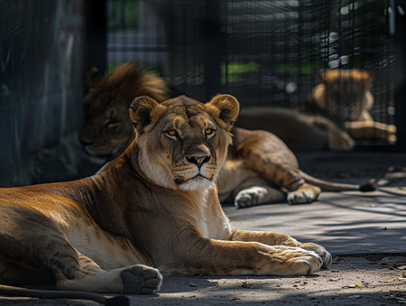 Lioness lying down, looking alert.の素材