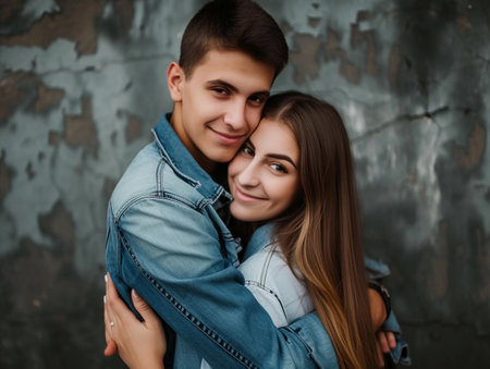 Young couple in denim hugging against a textured backdrop.の素材