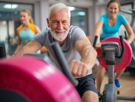 Smiling elderly man with a beard working out on an exercise bike in the gym.の素材