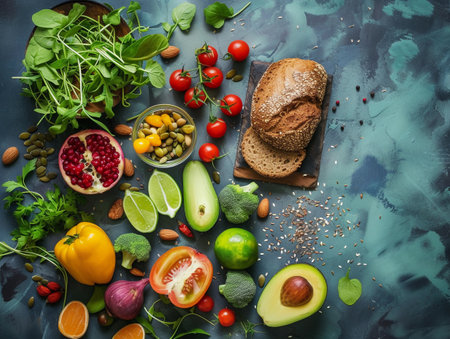 Overhead shot of diverse, vibrant healthy foods, grains, and bread on a textured blue surface.の素材