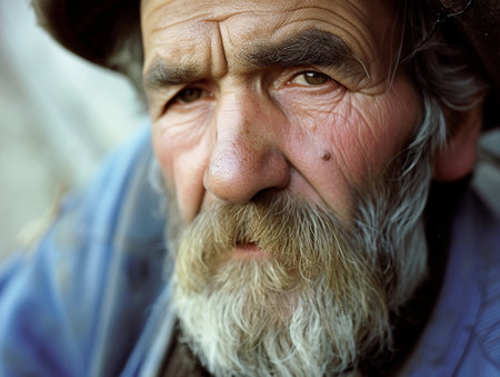 A senior man's face with a thoughtful expression and a thick beard.の素材
