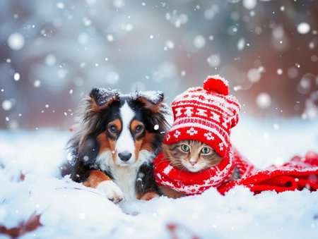 Cat in hat and dog in scarf sharing a warm embrace.の素材