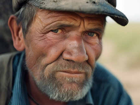 Close-up of an elderly farmer with deep-set eyes and a rugged face.の素材