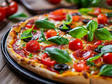 Classic Margherita pizza on a wooden table, garnished with fresh basil.の素材