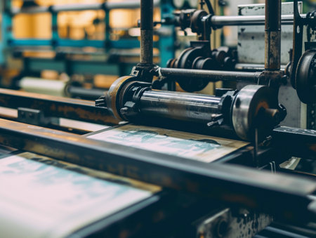 A close-up of a contemporary printing press machine processing a roll of paper.の素材