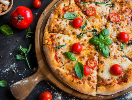 Fresh Margherita pizza with basil and cherry tomatoes.の素材