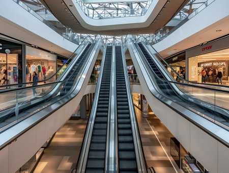 Modern escalators in a bright shopping mall interior, no individuals present.の素材