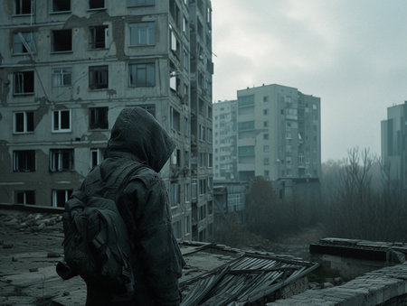 A person in a hooded jacket surveys an abandoned cityscape, evoking post-apocalyptic solitude.の素材