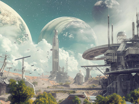 Sci-fi concept of space colony with dual planets and shuttle crafts.の素材