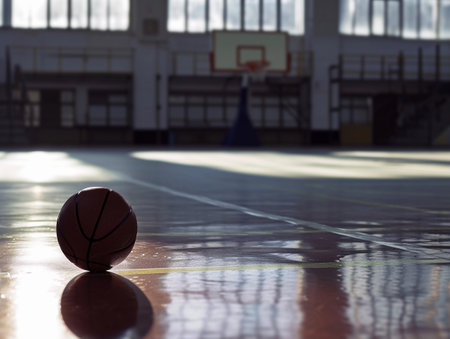 A basketball in a quiet indoor court, with a sunlit ambiance.の素材