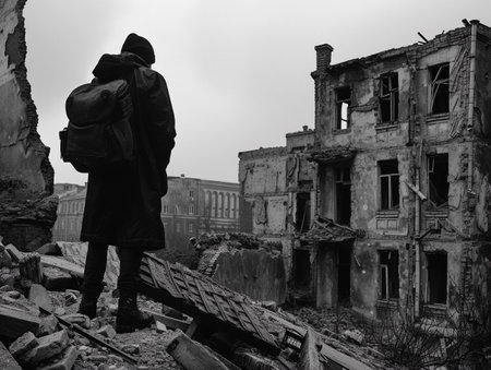 Solitary figure with a backpack standing amidst a desolate, abandoned urban landscape.の素材